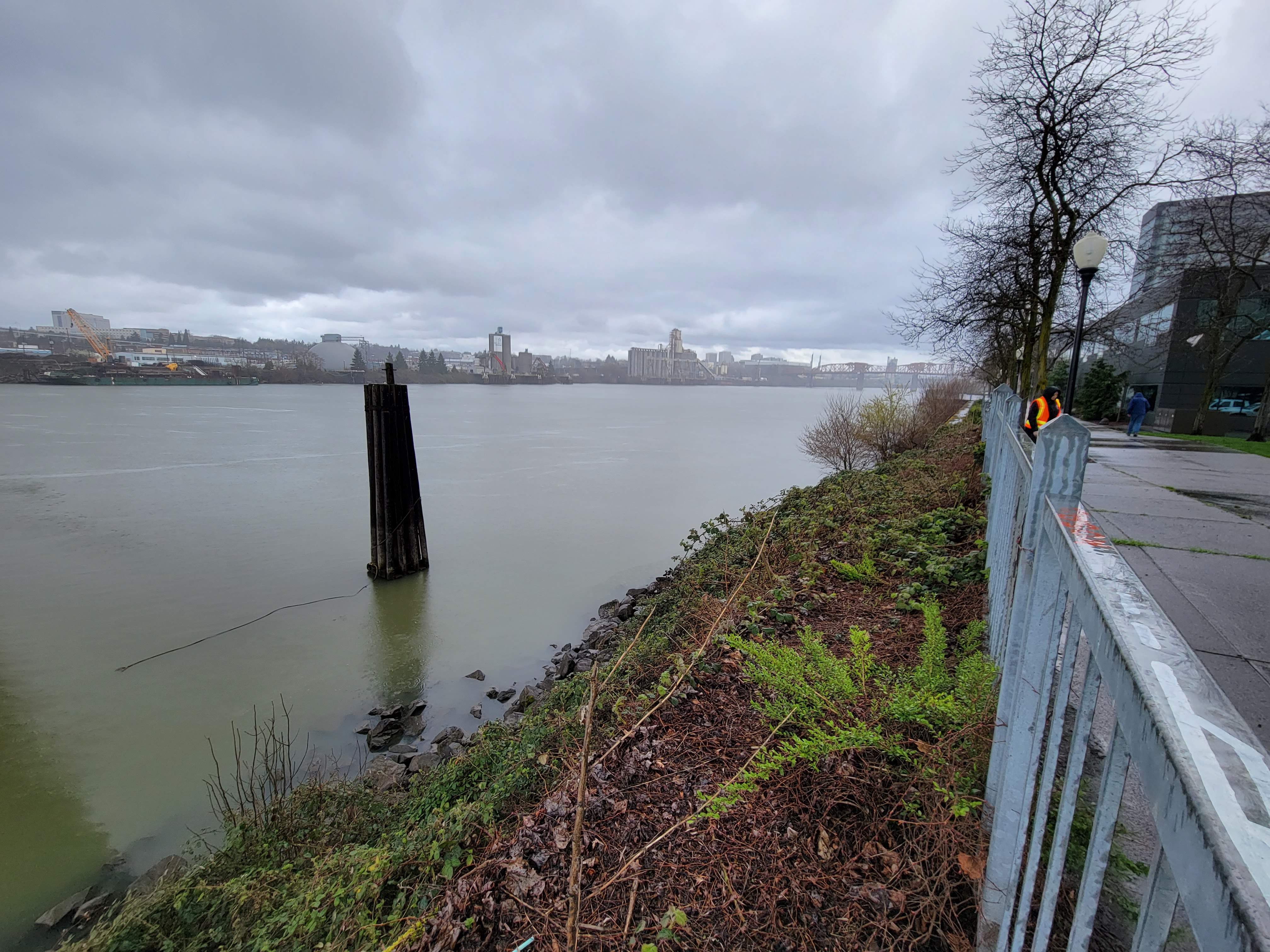 View of the Willamette River during a rainstorm from beneath the Fremont Bridge.